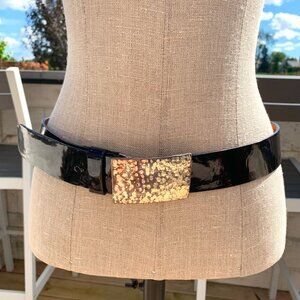 Vintage 90s Brave Black Patent Leather Distressed Silver Buckle Waist Belt